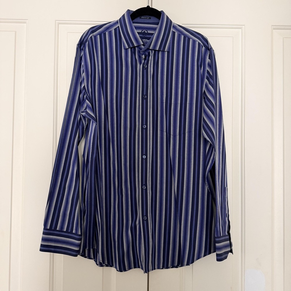 Bugatchi Uomo Shirt Mens XL Blue Stripe Long Sleeve Button Up Contrast Cuff